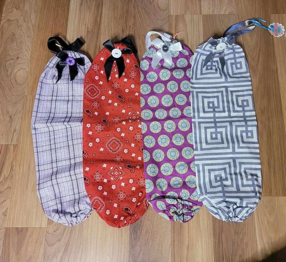 Set of 4 Handmade Reusable Grocery Bag Holders w/ Elastic Bottom & Button Ribbon